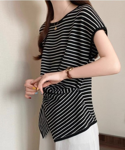 LOULOU select(ルルセレクト)の「ウエストドレープフレンチスリーブTee(Tシャツ/カットソー・レディース・ブラック/オフホワイト/ブラック系その他/ピンク/ホワイト系その他・M)」の8枚目の写真