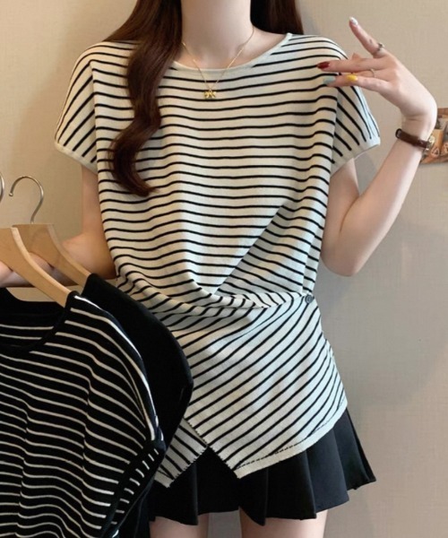 LOULOU select(ルルセレクト)の「ウエストドレープフレンチスリーブTee(Tシャツ/カットソー・レディース・ブラック/オフホワイト/ブラック系その他/ピンク/ホワイト系その他・M)」の14枚目の写真