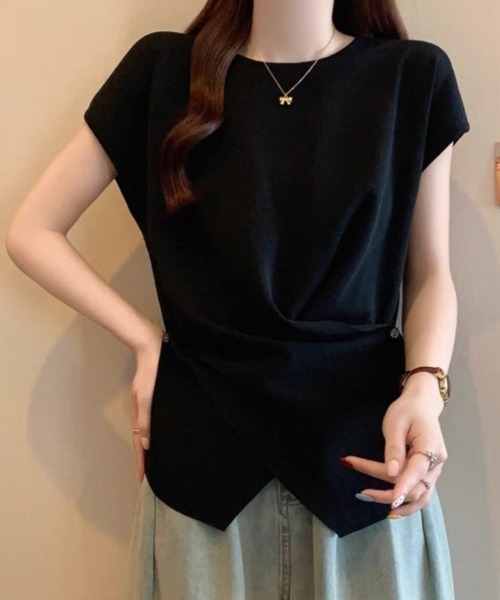 LOULOU select(ルルセレクト)の「ウエストドレープフレンチスリーブTee(Tシャツ/カットソー・レディース・ブラック/オフホワイト/ブラック系その他/ピンク/ホワイト系その他・M)」の10枚目の写真