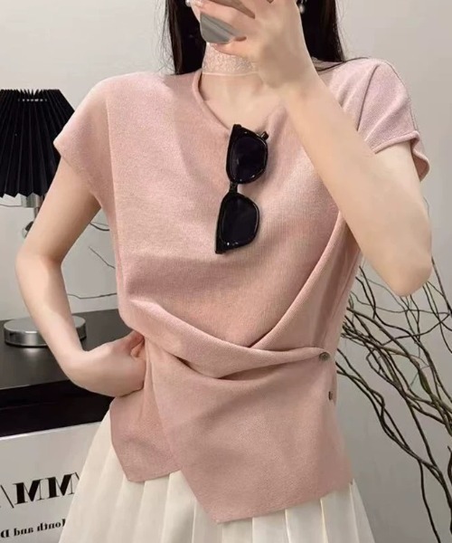 LOULOU select(ルルセレクト)の「ウエストドレープフレンチスリーブTee(Tシャツ/カットソー・レディース・ブラック/オフホワイト/ブラック系その他/ピンク/ホワイト系その他・M)」の6枚目の写真