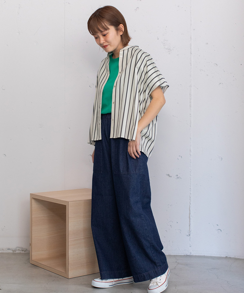 POU DOU DOU（プードゥドゥ）の「ストライプバンドカラーボックスシャツ（シャツ/ブラウス・レディース・ベージュ/ブルー/アイボリー・M）」の19枚目の写真