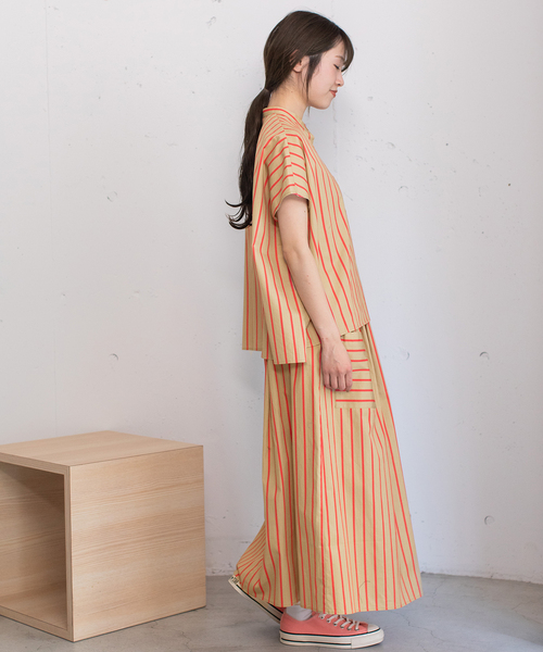 POU DOU DOU（プードゥドゥ）の「ストライプバンドカラーボックスシャツ（シャツ/ブラウス・レディース・ベージュ/ブルー/アイボリー・M）」の12枚目の写真