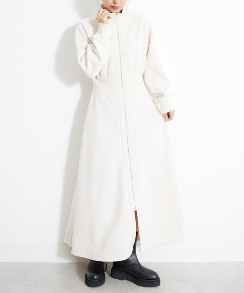 UNDOVE(アンドゥーブ)の「UNDOVE【SMART ECO JERSEY】リブ切替ワンピース (ロングワンピース/ジップアップワンピース/フレアワンピ/ジップワンピ/リブ使い/ポケット付/防シワ/ストレッチ/イージーケア/UV/ウォッシャブル)(ワンピース・レディース・アイボリー系/ブラック・MEDIUM/SMALL/X-LARGE/LARGE)」の8枚目の写真