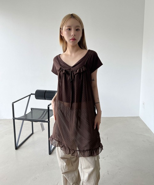 セール】【単独 orレイヤード着用】ドット フリル シースルー