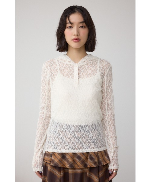 AZUL by moussy(アズールバイマウジー)の「ヘンリーネックレースフーディートップス(Tシャツ/カットソー・レディース・ブラック/アイボリー・FREE)」の6枚目の写真