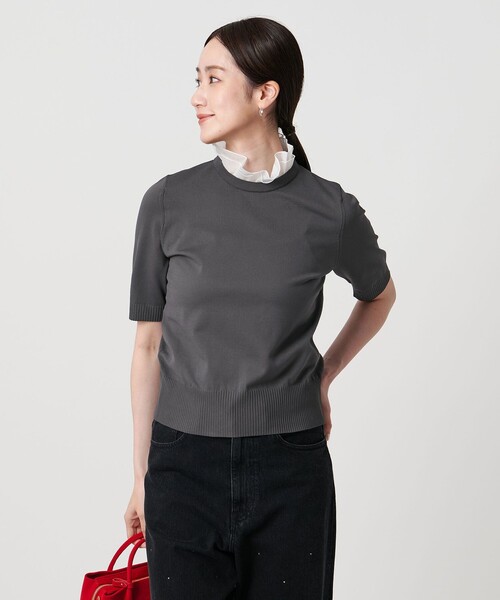 ブラック 襟付き 半袖ニット　UNITED ARROWS 黒 レディ ロングスリーブ ニット （ニット・セーター）｜UNITED