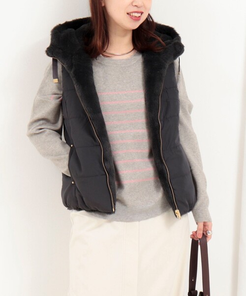 MICO COULIER（ミコクリエ）の「ファイングロス×ファー リバーシブルベスト（ブルゾン・レディース・チャコールグレー/ブラウン/キナリ・38）」の4枚目の写真