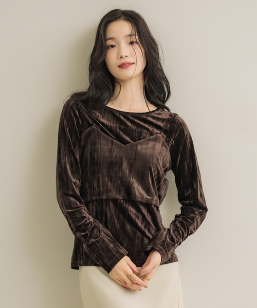 NEUNA(ヌナ)の「クラッシュベロアset top(Tシャツ/カットソー・レディース・ブラック/ブラウン/オフホワイト・FREE)」の1枚目の写真
