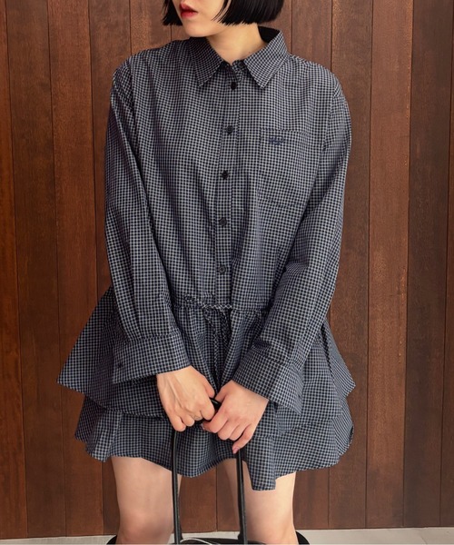 オリジナルチェック柄アンサンブルミニワンピース セール】チェック柄ダブルヘム シャツミニワンピース FQ25L013