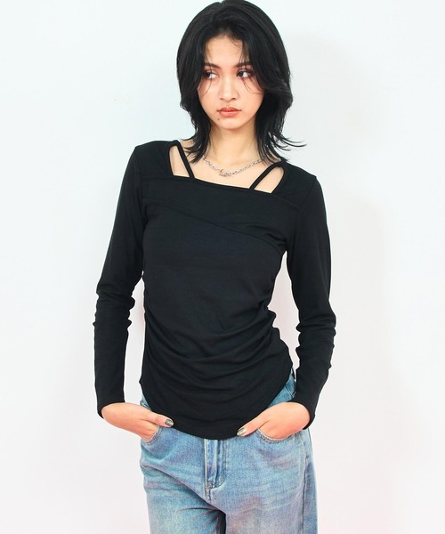 ANAP（アナップ）の「デコルテ デザイン サイド シャーリング トップス（Tシャツ/カットソー・レディース・ホワイト/グレー系その他/ブラック・FREE）」の20枚目の写真