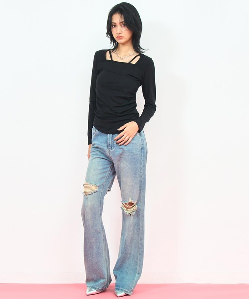 ANAP（アナップ）の「デコルテ デザイン サイド シャーリング トップス（Tシャツ/カットソー・レディース・ホワイト/グレー系その他/ブラック・FREE）」の19枚目の写真