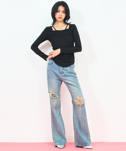 ANAP（アナップ）の「デコルテ デザイン サイド シャーリング トップス（Tシャツ/カットソー・レディース・ホワイト/グレー系その他/ブラック・FREE）」の18枚目の写真