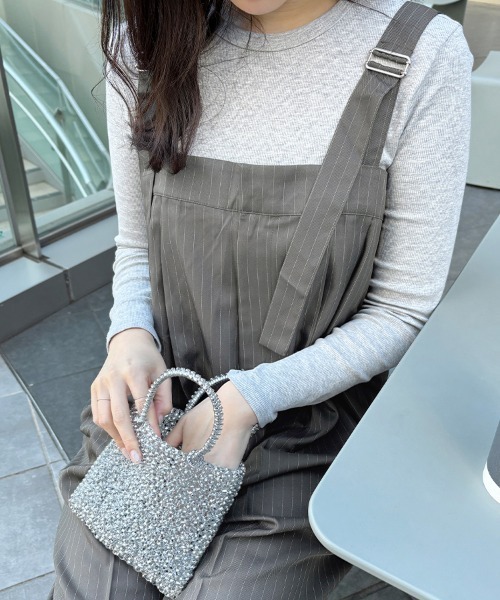 ONEP STAR（ワンピスター）の「ストライプ柄ワイドパンツサロペット（サロペット/オーバーオール・レディース・チャコールグレー/ブラック/グレイッシュベージュ/ネイビー・MEDIUM）」の7枚目の写真
