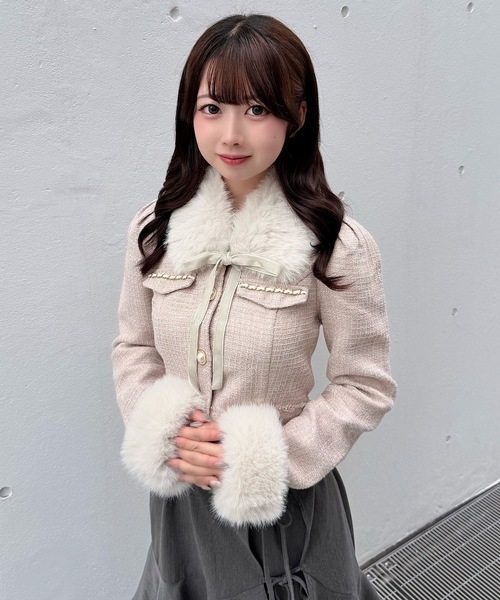 NOMAE(ノーマエ)の「ファーノーカラーツィードジャケット(テーラードジャケット・レディース・ピンク/アイボリー/ブラック・FREE)」の1枚目の写真