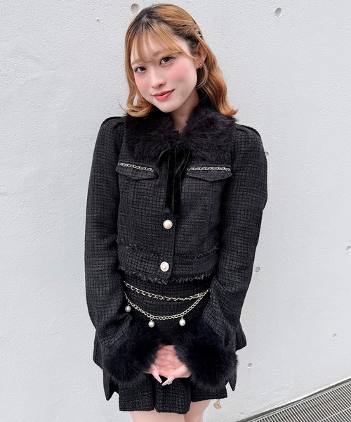 NOMAE(ノーマエ)の「ファーノーカラーツィードジャケット(テーラードジャケット・レディース・ピンク/アイボリー/ブラック・FREE)」の3枚目の写真