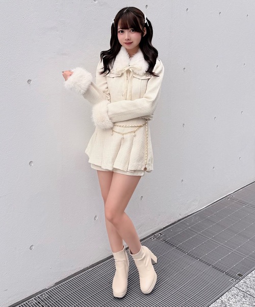 NOMAE(ノーマエ)の「ファーノーカラーツィードジャケット(テーラードジャケット・レディース・ピンク/アイボリー/ブラック・FREE)」の8枚目の写真