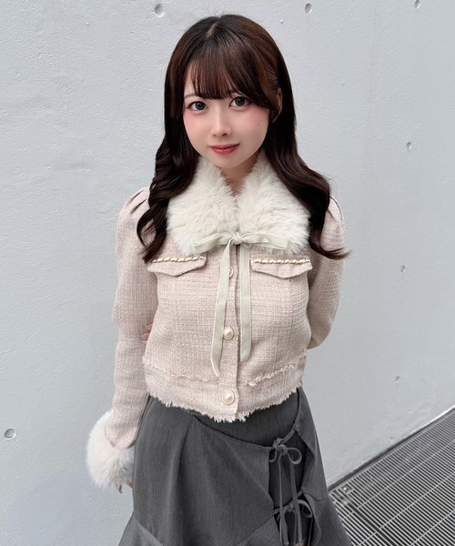 NOMAE(ノーマエ)の「ファーノーカラーツィードジャケット(テーラードジャケット・レディース・ピンク/アイボリー/ブラック・FREE)」の20枚目の写真