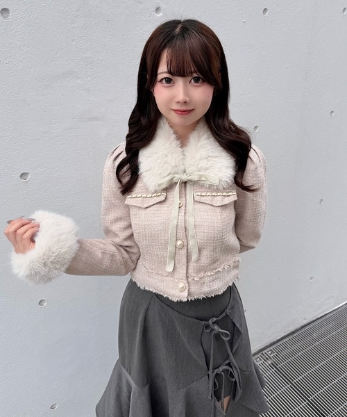 NOMAE(ノーマエ)の「ファーノーカラーツィードジャケット(テーラードジャケット・レディース・ピンク/アイボリー/ブラック・FREE)」の21枚目の写真