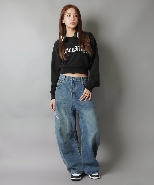 SPINNS（スピンズ）の「ショート丈裏毛スウェット/ピグメント/オールドイングリッシュロゴ/貼り付けロゴ（スウェット・レディース・ピンク/レッド/杢グレー/ブラック・ONESIZE）」の12枚目の写真