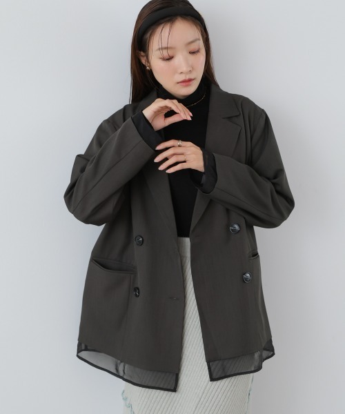 Bab（バブ）の「シアー切替ダブルテーラードジャケット（テーラードジャケット・レディース・チャコールグレー/ブラウン/ダークブラウン・M）」の2枚目の写真