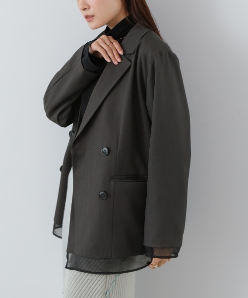 Bab（バブ）の「シアー切替ダブルテーラードジャケット（テーラードジャケット・レディース・チャコールグレー/ブラウン/ダークブラウン・M）」の8枚目の写真