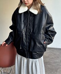 襟ボア合皮中綿ビッグジャケット