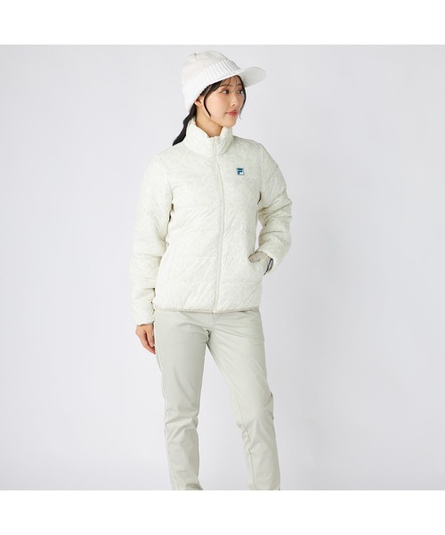 FILA GOLF（フィラゴルフ ）の「FILA GOLF フィラゴルフ ゴルフウェア  ワンポイント ロゴ 総柄 軽量 撥水 中綿入り ライトダウンジャケット（ダウンジャケット/コート・レディース・オフホワイト/ブラック・LL/L/M）」の4枚目の写真