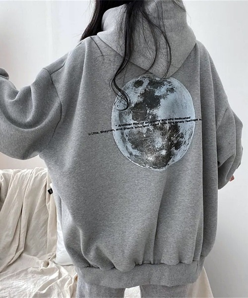 Jose Mooジョゼムーン パールビーズ付きパーカー グレー セール】月 ムーンモチーフバックプリント スウェットパーカー/韓国