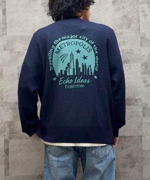 Right-on（ライトオン）の「ジャガードバックロゴニットカーディガン (バックロゴ/ジャガード/ニットカーディガン/ドライタッチ/通気性/ゆったりシルエット/スウェットライク/軽羽織り/デイリー/トレンド)（カーディガン/ボレロ・メンズ・ブラック/グレー/ネイビー・L/XL/M）」の3枚目の写真