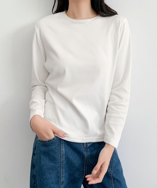 LOWO(ロワ)の「クルーネック ロンT レディース 長袖 インナー 無地 カットソー(Tシャツ/カットソー・レディース・キャメル/ボルドー/ブラウン/オフホワイト/ブルー/ブラック・FREE)」の7枚目の写真