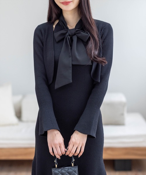 CLEAR BASIC（クリアベーシック）の「ボウタイリボンニットワンピース＆ニットボレロセット[大人 フェミニン 上品]≪AW新作≫（ワンピース・レディース・グレー/ブラック・F）」の2枚目の写真