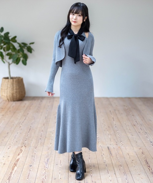 CLEAR BASIC（クリアベーシック）の「ボウタイリボンニットワンピース＆ニットボレロセット[大人 フェミニン 上品]≪AW新作≫（ワンピース・レディース・グレー・F）」の3枚目の写真