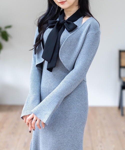 CLEAR BASIC（クリアベーシック）の「ボウタイリボンニットワンピース＆ニットボレロセット[大人 フェミニン 上品]≪AW新作≫（ワンピース・レディース・グレー・F）」の2枚目の写真