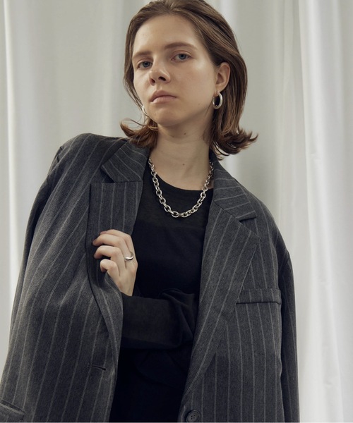 CIEL'AIR(シエルエアー)の「STRIPED SIDE SLIT JKT(ストライプサイドスリットJKT)(テーラードジャケット・レディース・グレー/ベージュ・MEDIUM)」の9枚目の写真