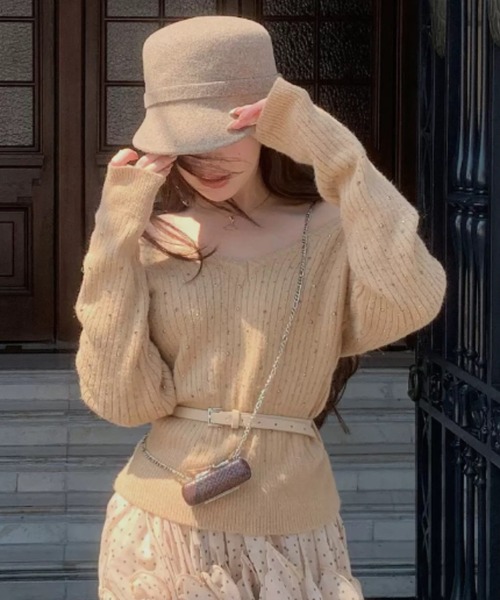 セール】【ベルト付き】スートンVネックニットトップス（ニット