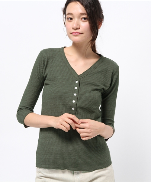 OUTLET（アウトレット）の「【Sheta】ワッフルヘンリーネック（Tシャツ/カットソー・レディース・グレー/ホワイト/カーキ・FREE）」の3枚目の写真
