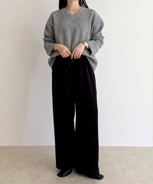 セール】リブ見えニットソーVネックプルオーバー（Tシャツ/カットソー