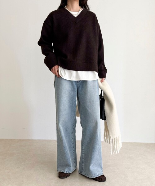 セール】リブ見えニットソーVネックプルオーバー（Tシャツ/カットソー