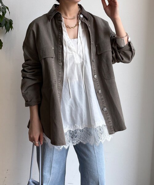 DouDou(ドゥドゥ)の「フェイクレザー衿シャツジャケット(その他アウター・レディース・グレイッシュベージュ/モカ・FREE)」の19枚目の写真