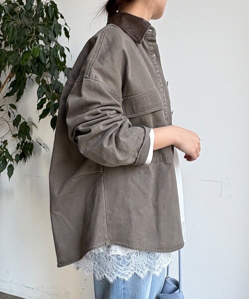 DouDou(ドゥドゥ)の「フェイクレザー衿シャツジャケット(その他アウター・レディース・グレイッシュベージュ/モカ・FREE)」の22枚目の写真