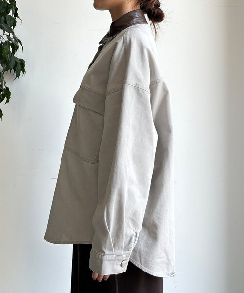 DouDou(ドゥドゥ)の「フェイクレザー衿シャツジャケット(その他アウター・レディース・グレイッシュベージュ/モカ・FREE)」の11枚目の写真