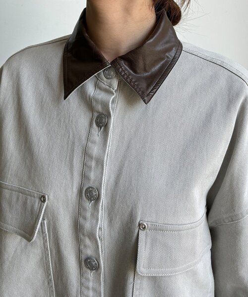 DouDou(ドゥドゥ)の「フェイクレザー衿シャツジャケット(その他アウター・レディース・グレイッシュベージュ/モカ・FREE)」の7枚目の写真