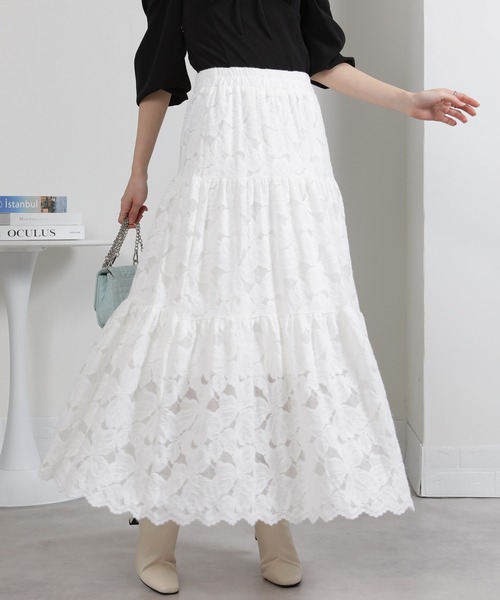 セール】花柄レース ロングティアードフレアスカート（スカート