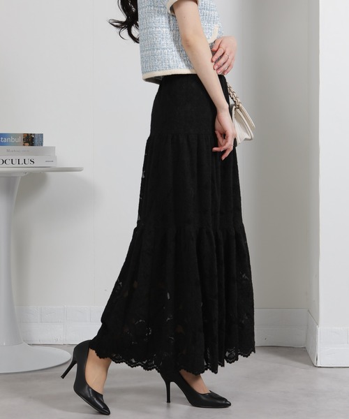 セール】花柄レース ロングティアードフレアスカート（スカート