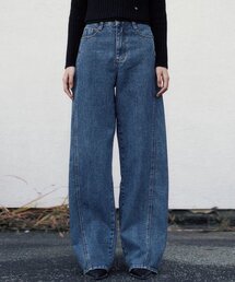Line Point Vintage Washing Wide Denim Pants (Blue)