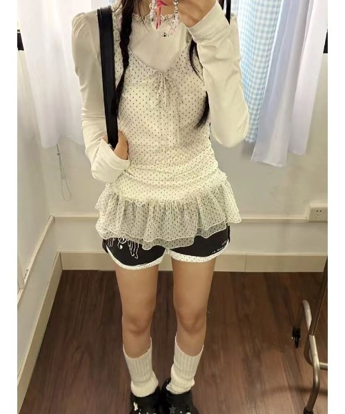 AsRiRe(アスリレイ)の「26ss ドット柄 キャミ風 レイヤードトップス(Tシャツ/カットソー・レディース・ホワイト・M)」の2枚目の写真