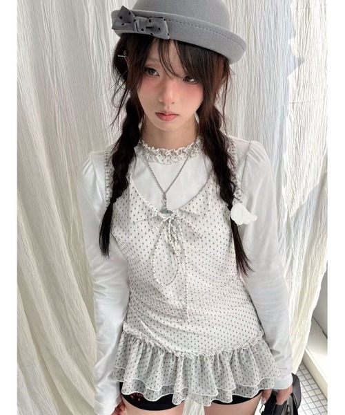 AsRiRe(アスリレイ)の「26ss ドット柄 キャミ風 レイヤードトップス(Tシャツ/カットソー・レディース・ホワイト・M)」の3枚目の写真