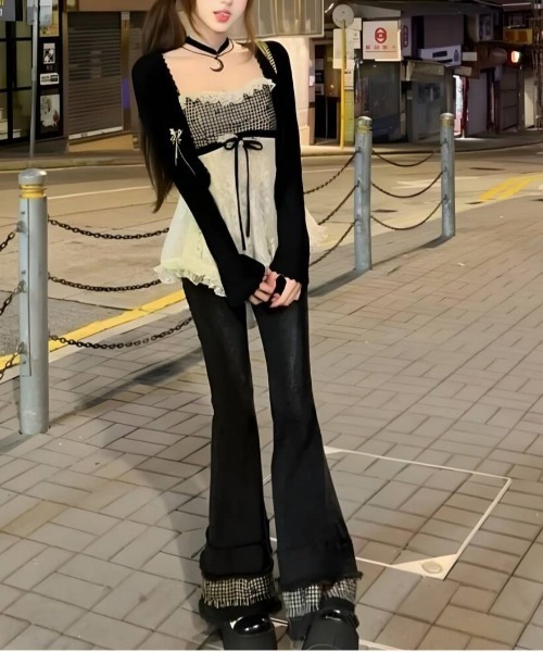 gossip!ロサンゼルス(ゴシップロサンゼルス)の「Y2K 総レースデザインキャミカーディガンセット(Tシャツ/カットソー・レディース・ブラック・M)」の5枚目の写真