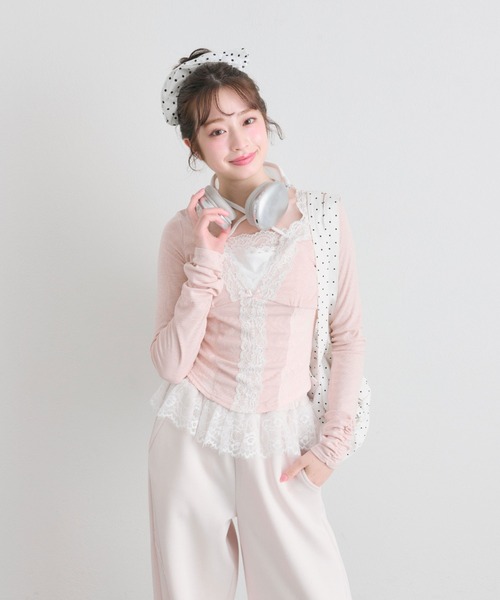 OLIVE des OLIVE(オリーブデオリーブ)の「レーストリムトップス(Tシャツ/カットソー・レディース・ピンク/トップグレー/オフホワイト・FREE)」の1枚目の写真