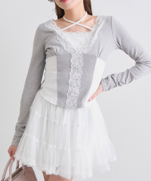 OLIVE des OLIVE(オリーブデオリーブ)の「レーストリムトップス(Tシャツ/カットソー・レディース・ピンク/トップグレー/オフホワイト・FREE)」の3枚目の写真